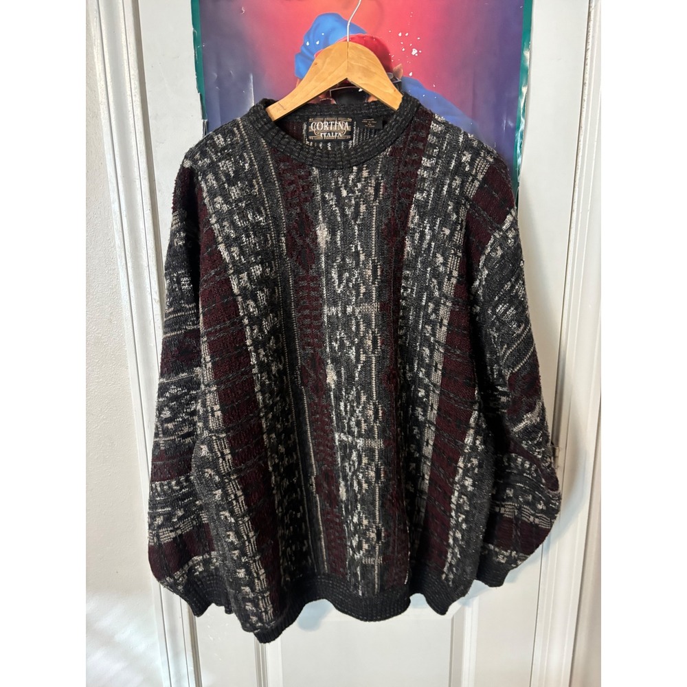 Cortina Italia Vintage Mens XL Wool Blend Sweater Made in Italy Grey Burgundy